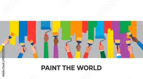 Hands of different races paint colorful stripes with rollers and brushes across a wall, Paint the world in the foreground. Symbol of unity and diversity in a creative context
