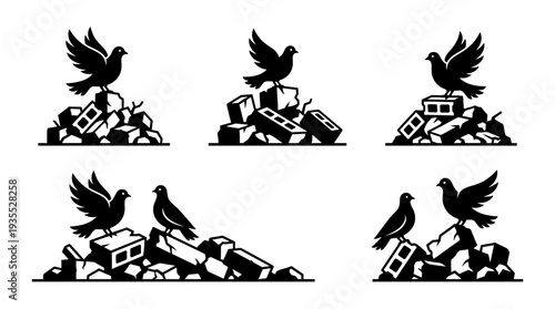 Five peace doves standing on a pile of bricks, ready to take flight