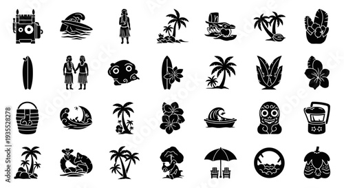 Large collection of black silhouette icons depicting tropical summer beach and vacation elements on an isolated white background.