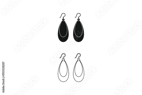 Pair of elegant black teardrop earrings with intricate silver designs. Vector