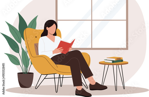 Woman Reading Book While Sitting in Armchair at Home Cozy Relaxing Indoor Lifestyle Vector Illustration