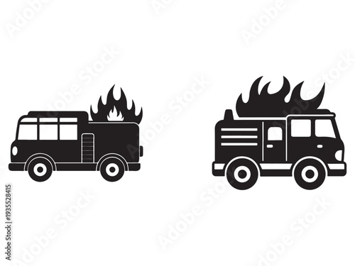 Fire trucks on fire side and front view burning vehicles emergency response icons  fire trucks on fire side and front view burning vehicles emergency response