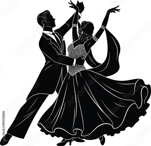 Elegant Ballroom Dancing Couple Silhouette Vector Illustration featuring a Male in Tuxedo and Female in a Flowing Gown for Formal Events