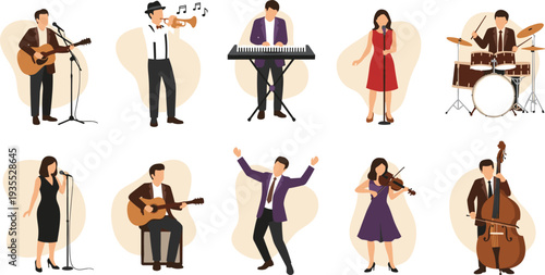 Music Band Performance Collection with Singer Guitarist Violinist Drummer Keyboard Player and Jazz Musicians Cartoon Vector Illustration
