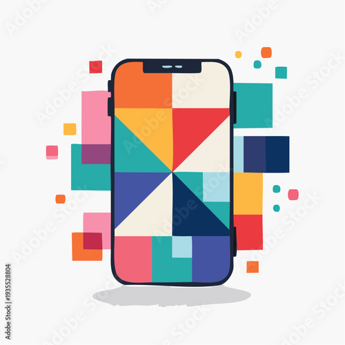 Vibrant digital creativity flows on a modern smartphone, featuring an abstract geometric display