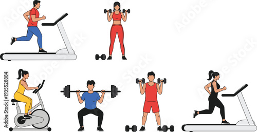 People Exercising in Gym Collection with Treadmill Running Weightlifting Cycling and Dumbbell Workout Vector Illustration