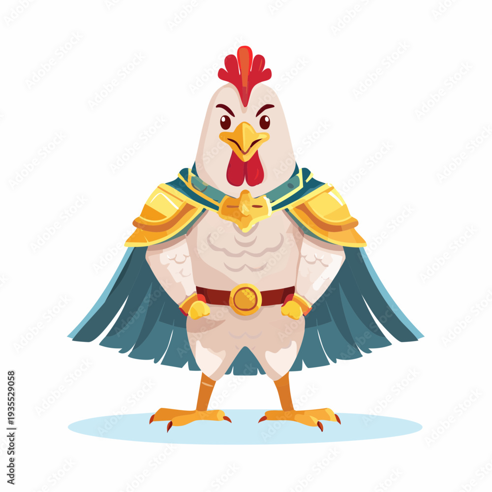 Fototapeta premium Confident Cartoon Rooster Warrior in Heroic Cape and Golden Armor Posing Boldly