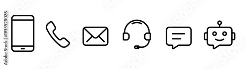 Contact and Customer Support icons Set, Digital Assistance Black Line Symbols For Phone, Live Chat, Email, Mobile and AI Chatbot Vector on White Background