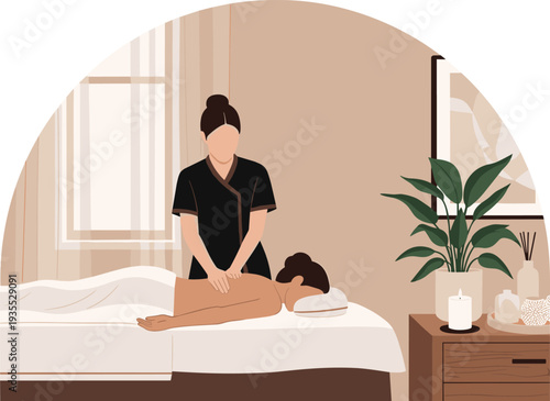 Spa Therapist Giving Relaxing Back Massage to Woman in Wellness Spa Room with Candles and Plants Vector Illustration