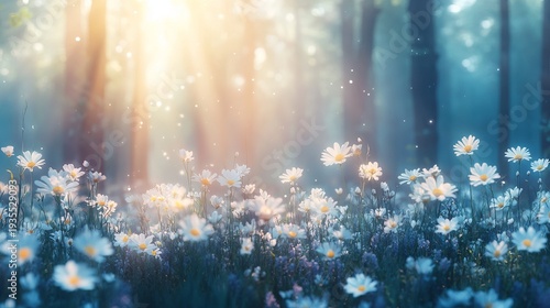 A beautiful spring morning with soft sunlight illuminating a vibrant field of blooming daisies.