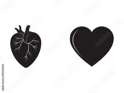 Heart and anatomical heart icon  simple black heart shapes  love symbol  medical and emotional icons