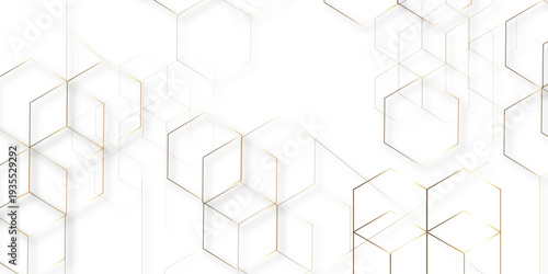 Abstract white background with gold hexagons seamless pattern and geometric in vector design. Futuristic blue neon honeycombs. Modern technology design .Minimal style website banner, decoration .