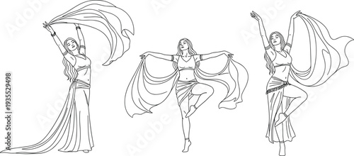 Graceful set of belly dancer line art illustrations performing traditional middle eastern dance with flowing veils for elegant cultural design.