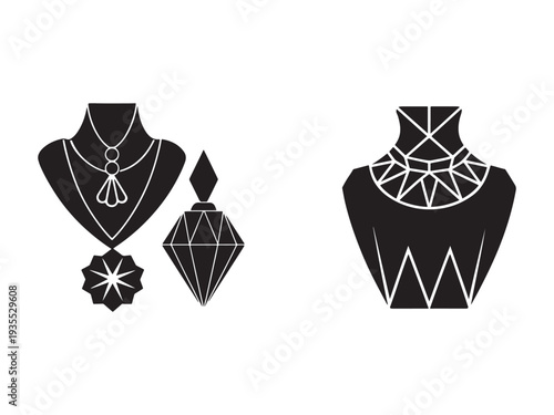 Jewelry necklaces with geometric shapes and pendants on busts  fashion accessories
