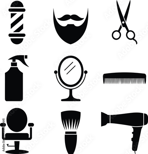 Black silhouettes of barber shop tools and furniture