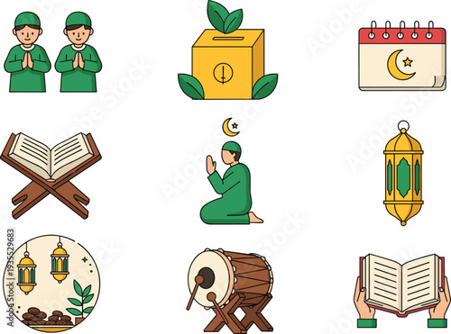 Islamic Ramadan Icons Collection with Quran Prayer Lantern Charity Box Calendar and Drum Religious Vector Illustration Set