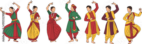 Indian Classical Dance Performers in Traditional Costumes Performing Cultural Folk and Classical Dance Poses Vector Illustration Collection