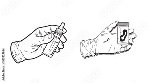 Sterile Medical Hands Holding Dropper Bottle and Biological Specimen Container for Clinical Diagnostics, Laboratory Testing and Patient Care Vector Illustration