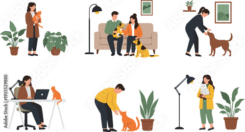People Spending Time with Pets Collection Showing Caring Playing Feeding and Working with Cats and Dogs Vector Illustration