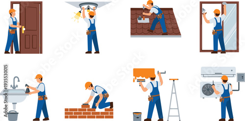 Construction and Repair Worker Characters Collection Performing Home Maintenance Tasks Plumbing Painting Roofing Electrical and Installation Vector Illustration