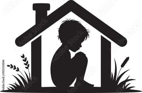 Vulnerable child silhouette in broken home represents homelessness, poverty, social issues, and child welfare