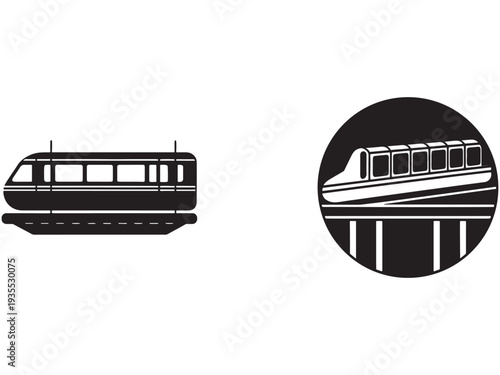 Monorail train side view and circle logo with bridge and tracks  public transportation system  train on elevated tracks