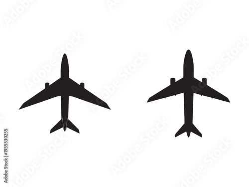 Overhead view of two airplanes flying in different directions  commercial airliners in flight  aircraft silhouettes