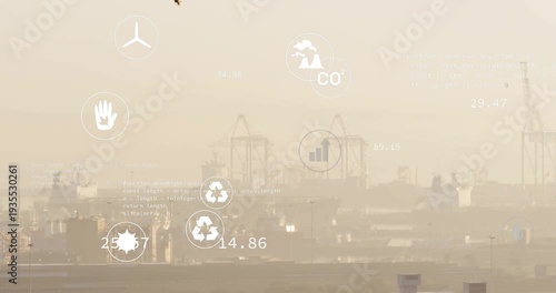 Translucent icons fading in over port skyline while data labels updating for pollution tracking