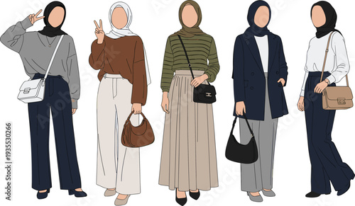 Stylish Muslim Women Wearing Modern Hijab Fashion Outfits with Handbags Modest Street Style Female Characters Vector Illustration