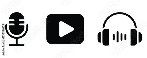Microphone play button headphones icon set audio visual media