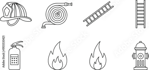Collection of firefighter equipment icons including helmet, hose, ladder, extinguisher, and hydrant