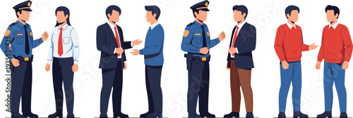 Police Officer Talking with Civilians Collection Showing Law Enforcement Communication and Public Interaction Cartoon Vector Illustration