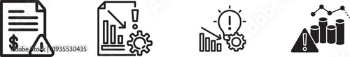 Financial risk management icons set including budget warning, declining graph, problem solving, and investment loss icons on white background.