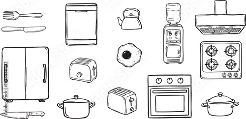 Modern Kitchen Equipment and Interior Essentials Seamless Pattern, Hand Drawn Line Art of Stove, Oven, Fridge, Kettle and Cookware Background