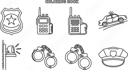 Collection of police-themed line art icons for a coloring book, perfect for kids