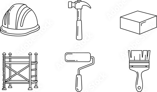 Collection of construction and renovation tools and materials in a simple line art style