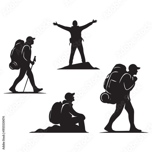 Hikers in various poses, silhouette of people backpacking and trekking