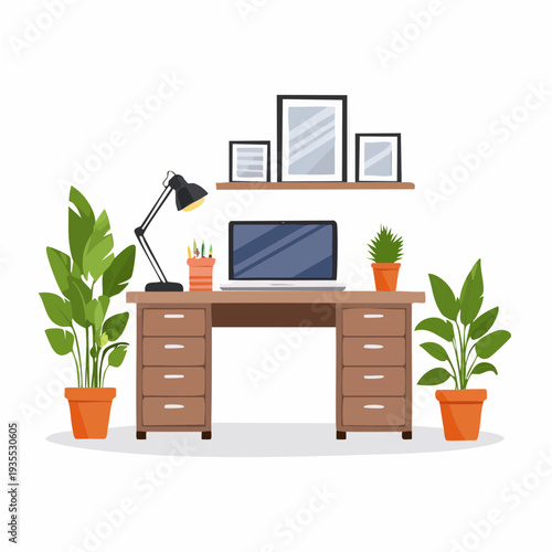 A well-lit home office desk with a laptop, lamp, and potted plants