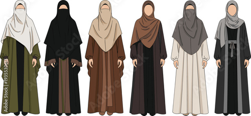 Muslim Women Wearing Hijab and Abaya Collection with Modest Islamic Fashion Traditional Clothing Cartoon Vector Illustration