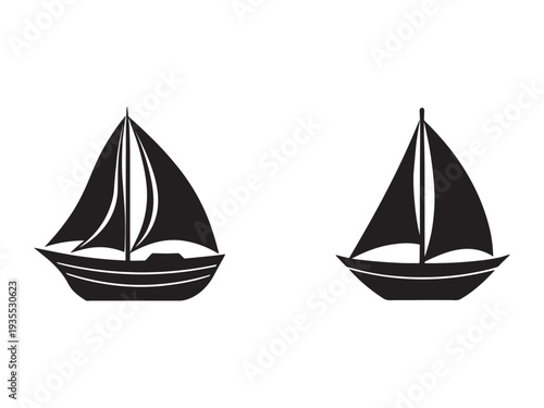 Sailboats with sails up side view sailing vessels nautical icons  simple black silhouettes of two sailboats