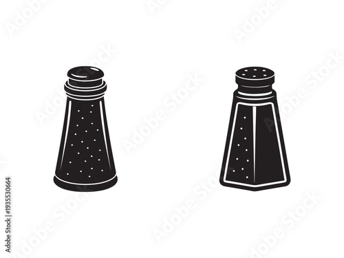 Salt and pepper shakers in black and white illustration style  kitchen condiment containers