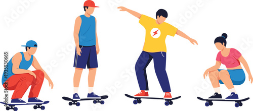 Skateboarders Performing Tricks Collection with Young People Riding Skateboards Outdoor Urban Sport Cartoon Vector Illustration