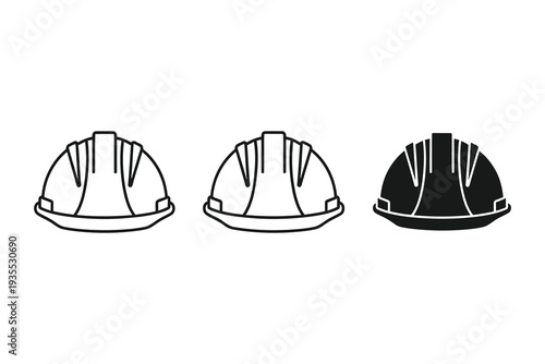 Three distinct types of safety helmets displayed in a row Vector