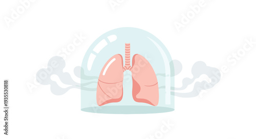 Illustration of human lungs inside a protective glass dome with smoke or steam around it on a white background.