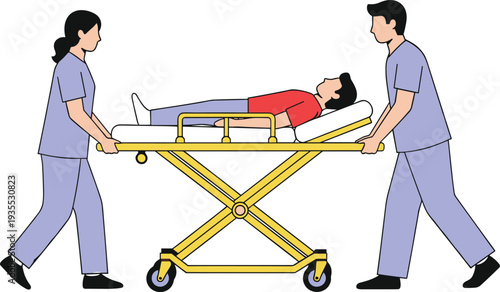 Medical Team Transporting Patient on Hospital Stretcher Emergency Healthcare Service Illustration with Doctors Moving Gurney Cartoon Vector