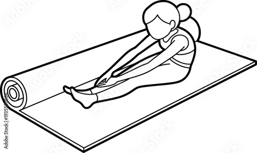 Woman doing seated forward bend stretch on yoga mat, line art isometric view