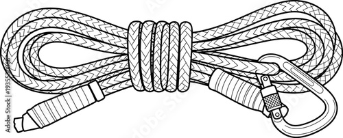 Climbing rope with carabiner and protective sleeve, isolated on white background