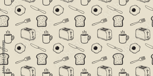 Retro Breakfast Elements Seamless Pattern, Minimalist Hand Drawn Doodles of Toaster, Coffee, and Eggs on Beige Vintage Background Vector