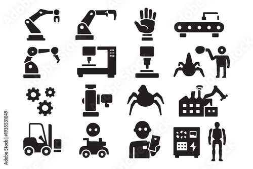 Modern industrial automation icons set featuring robots and machinery