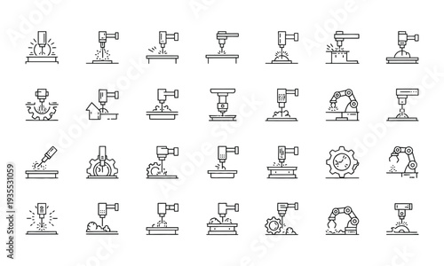 CNC milling machine icons, industrial tool symbols, manufacturing process, engineering graphics